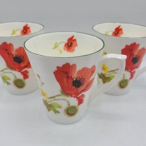 Set of 3 David Michael Staffordshire Bone China Mug Cup Red Poppy Floral England